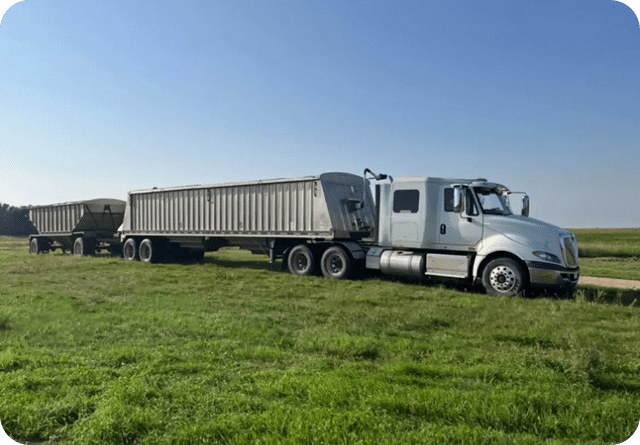 A large white semi-truck with a trailer parked on green grass under a clear blue sky.