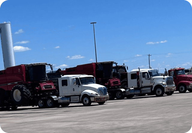 Line of semi-trucks parked under a clear blue sky.